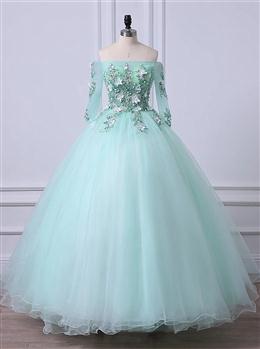 Picture of Mint Green Tulle Off Shoulder Long Sleeve Lace Applique Sweet 16 Prom Dresses, Formal Dresses